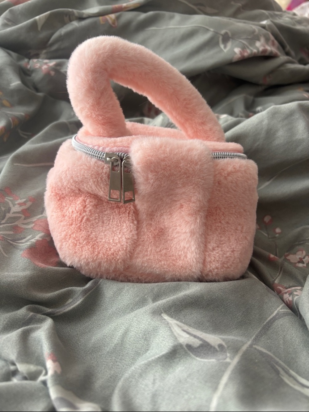 UO Plush Faux Fur Mini Top-Handle Bag in Blush Pink